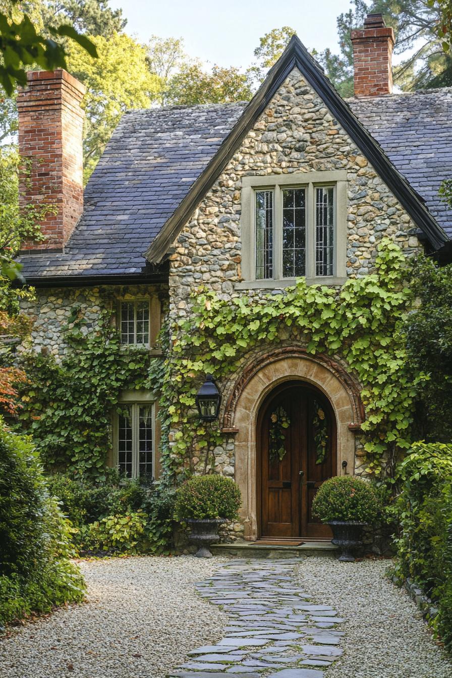 English country cottage with mosaic stone facade arched door with vines chimney paved stone path on gravel