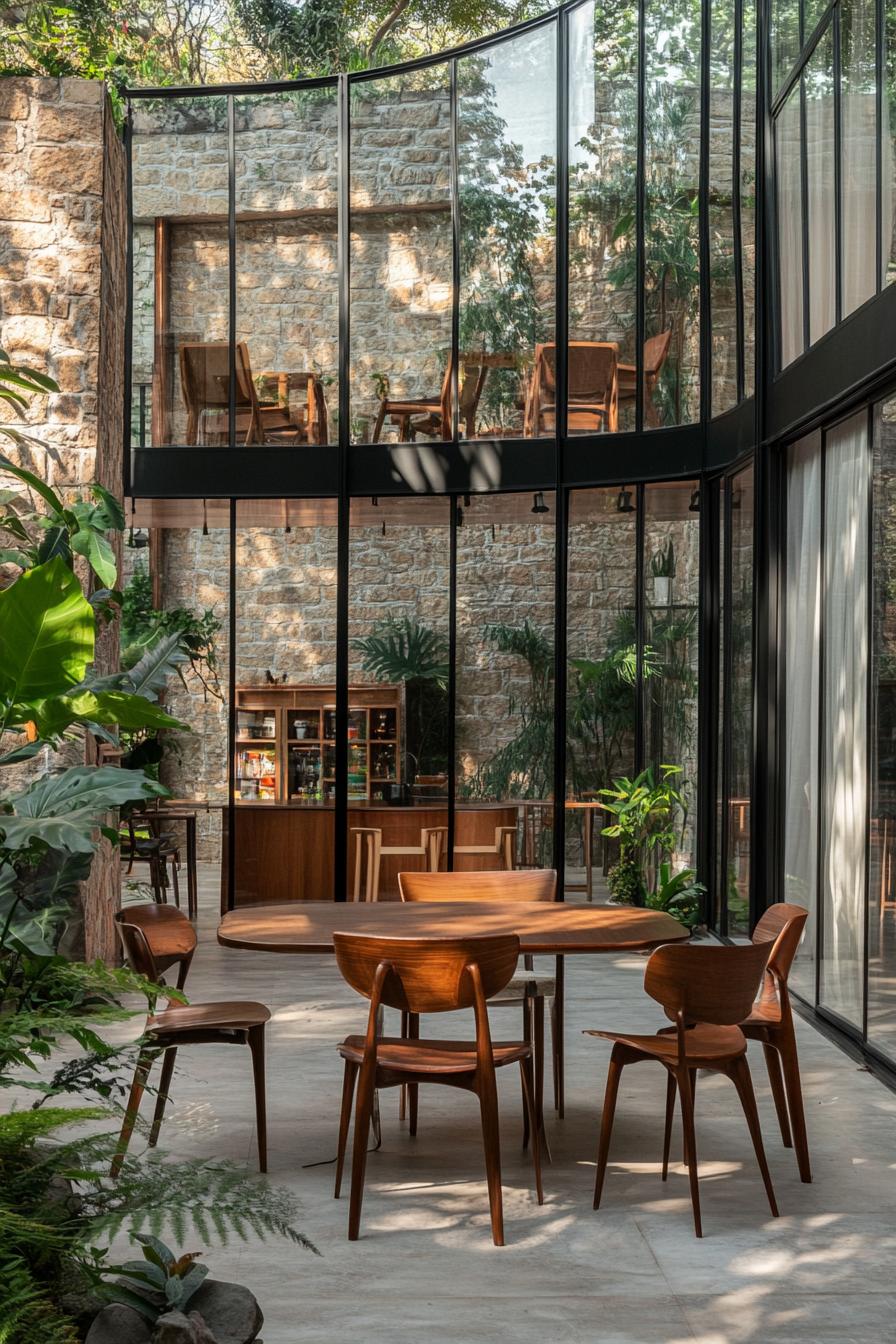 Interior of a modern glass house with curved floor to ceiling glass walls define the space seamlessly blending the outdoor greenery with the indoor 1