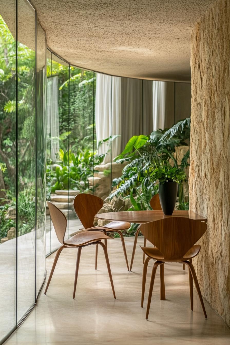 Interior of a modern glass house with curved floor to ceiling glass walls define the space seamlessly blending the outdoor greenery with the indoor 2