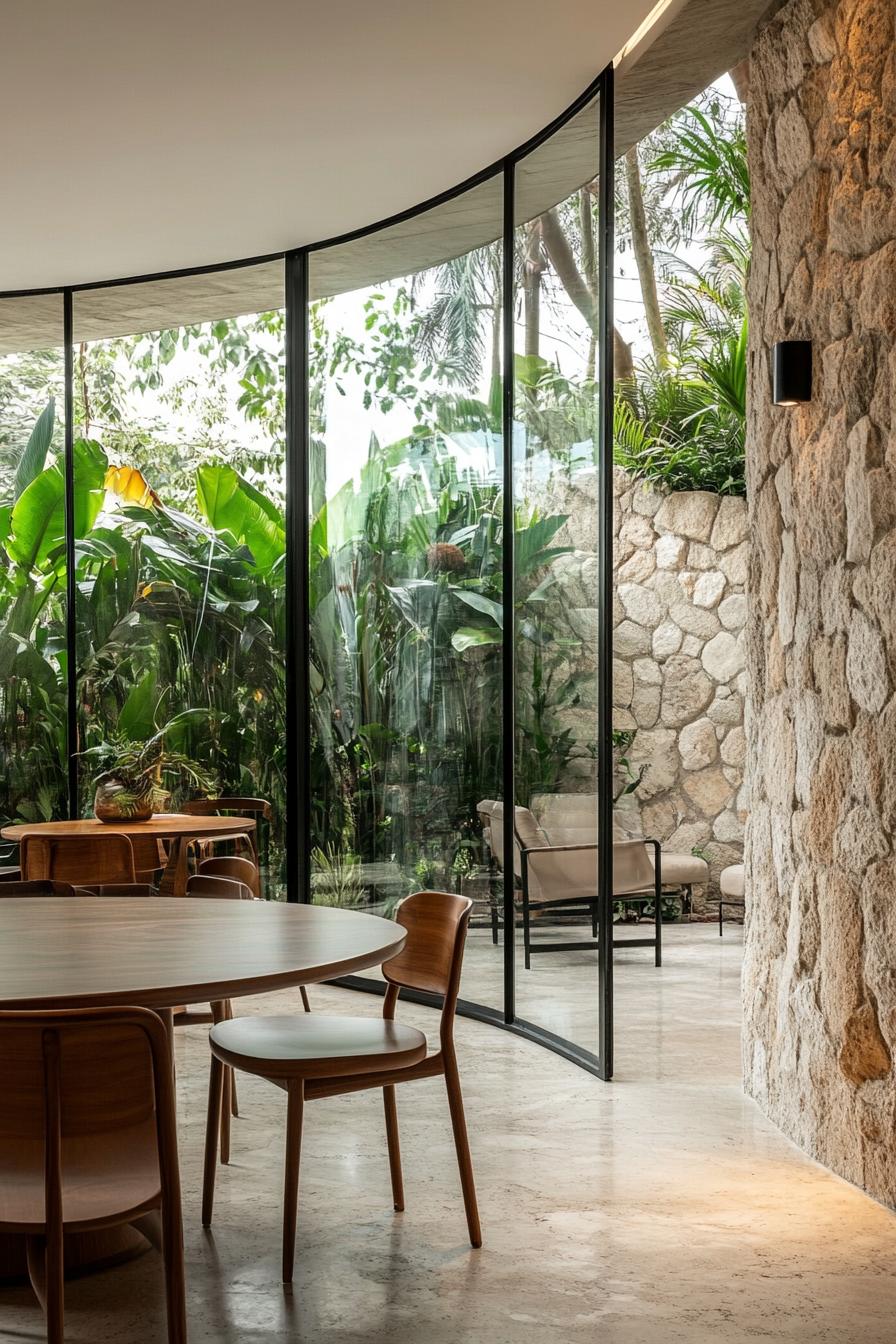 Interior of a modern glass house with curved floor to ceiling glass walls define the space seamlessly blending the outdoor greenery with the indoor