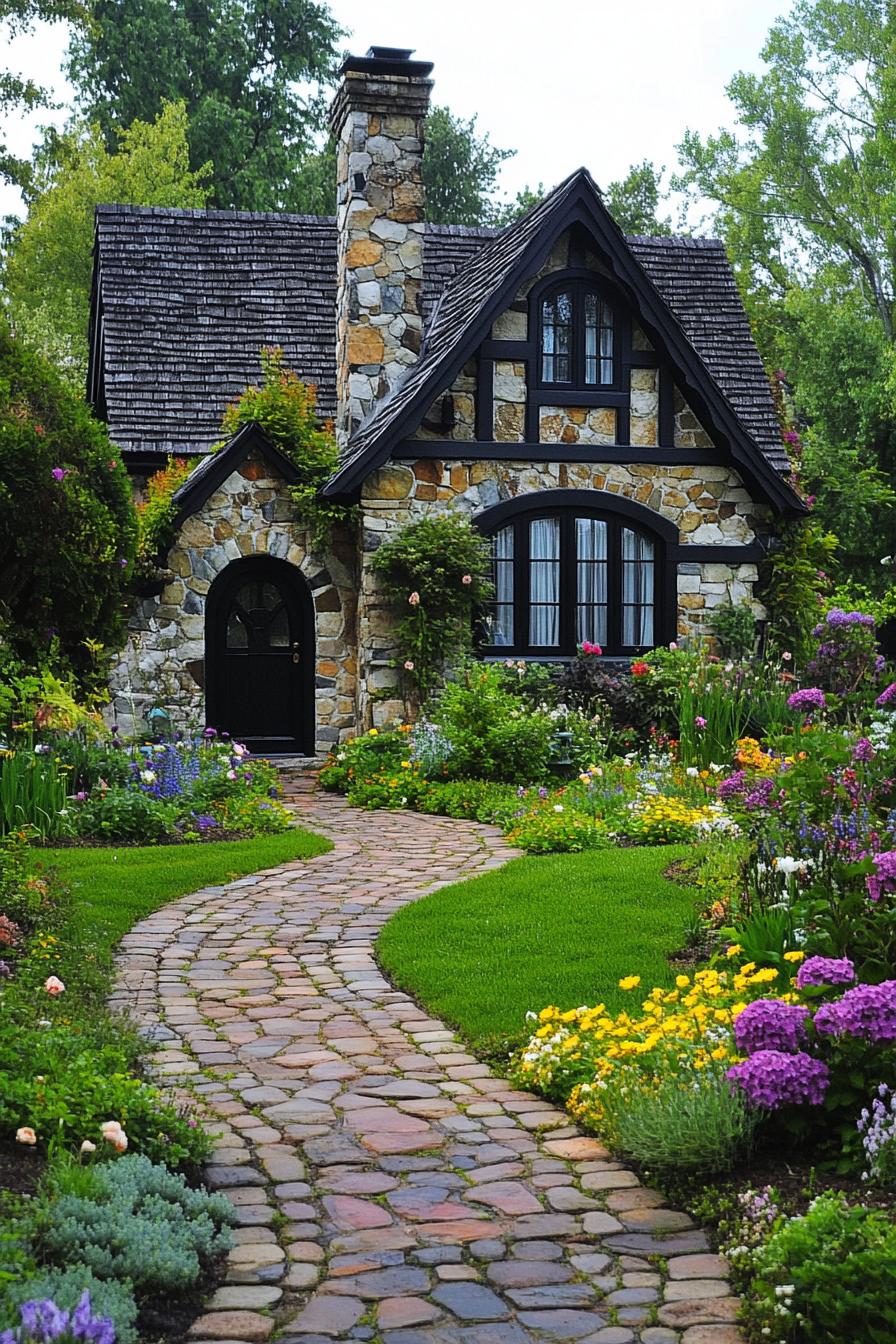 Tudor cottage house with stone siding black window and roof trim a chimney brick paved garden path lush garden with flowers