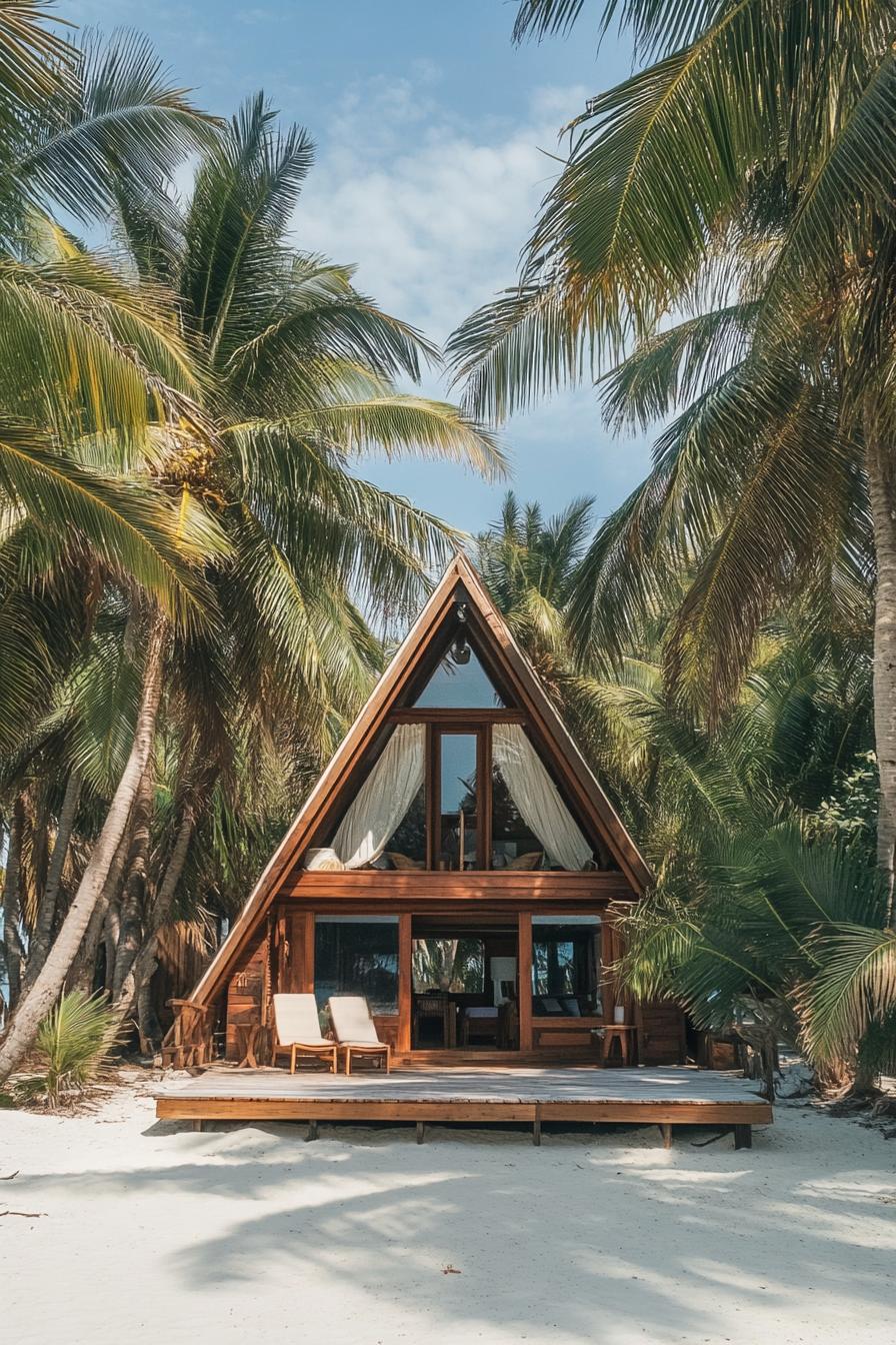 a frame beachfront cabin surrounded by tall palms white sandy beach