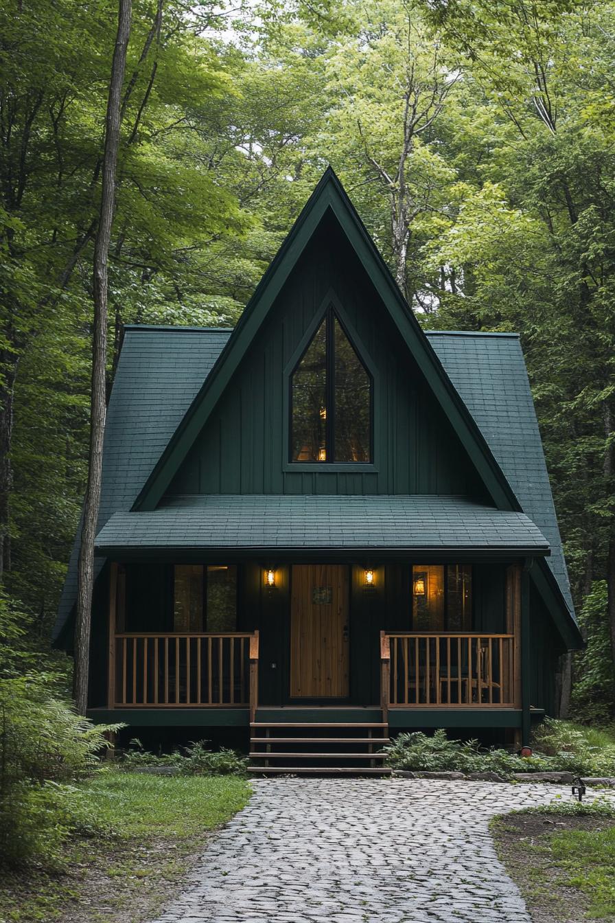 a frame cabin in deep dark green cladding deep dark green roof in slats porch has a pitched roof natural wood door with tall narrow windows on the 1