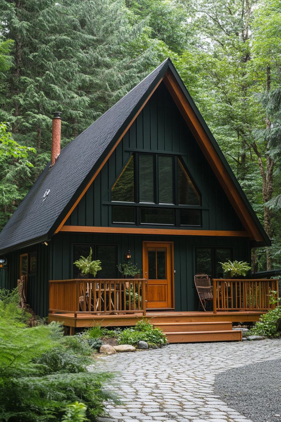 a frame cabin in deep dark green cladding deep dark green roof in slats porch has a pitched roof natural wood door with tall narrow windows on the 2