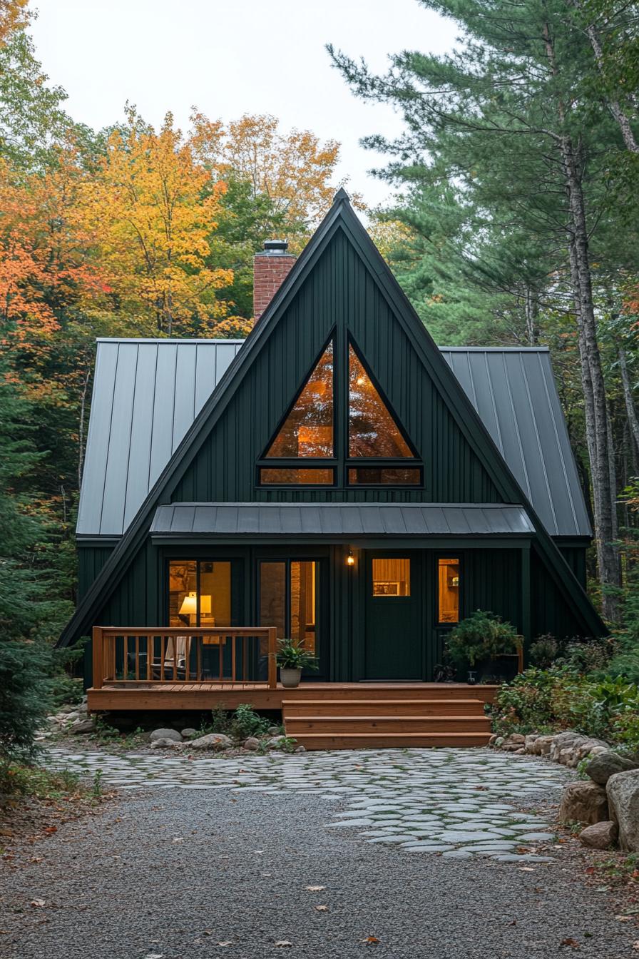 a frame cabin in deep dark green cladding deep dark green roof in slats porch has a pitched roof natural wood door with tall narrow windows on the 3