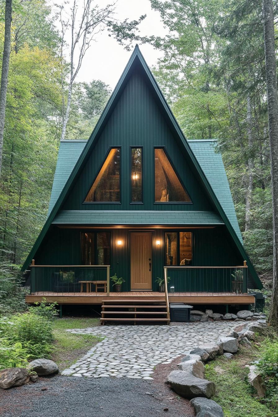 a frame cabin in deep dark green cladding deep dark green roof in slats porch has a pitched roof natural wood door with tall narrow windows on the