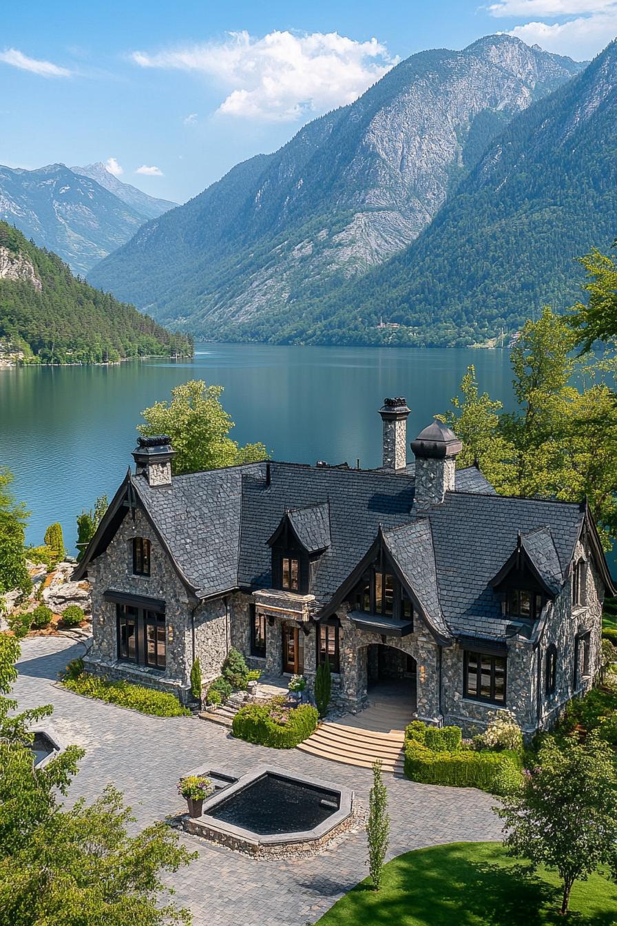 aerial view of a mountain mansion complex by a lake large paved yard with hardscape stone facade large black shingle multi pitched roof stunning