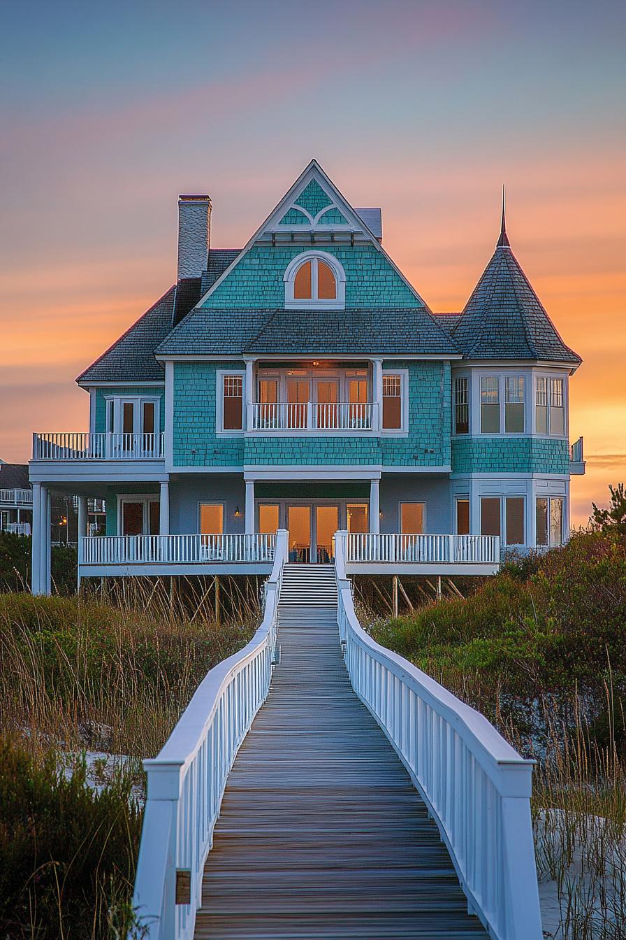 beachfront mansion with baby blue clapboard siding multi pitched modern roof with gambrels bay windows a white bridge leading to it over dunes