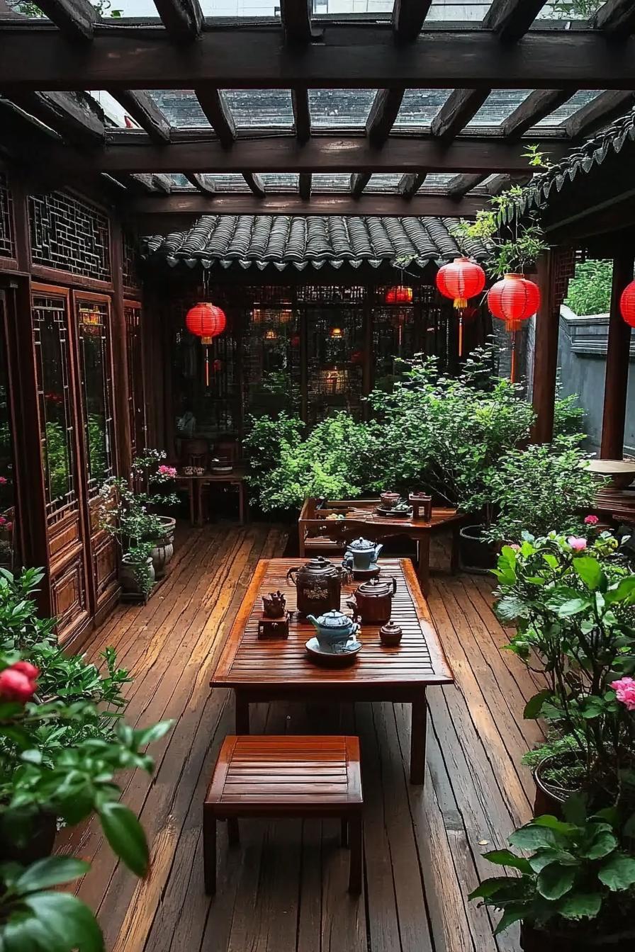 chinese house courtyard with large wooden table set with tea pots and tea cups hardwood deck there are plants and flowers roof with framed glass 1