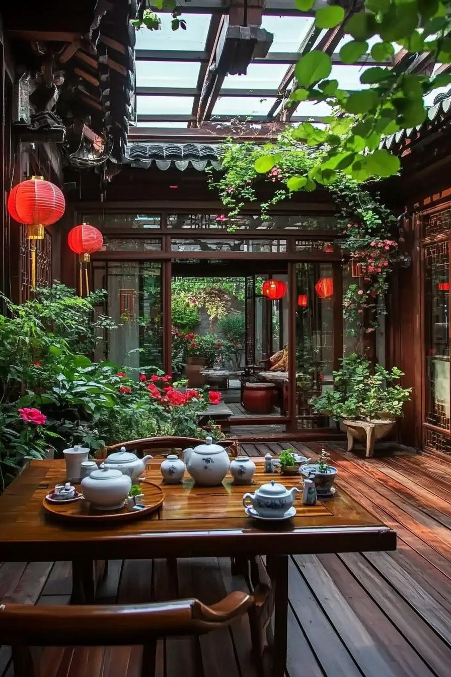 chinese house courtyard with large wooden table set with tea pots and tea cups hardwood deck there are plants and flowers roof with framed glass 2