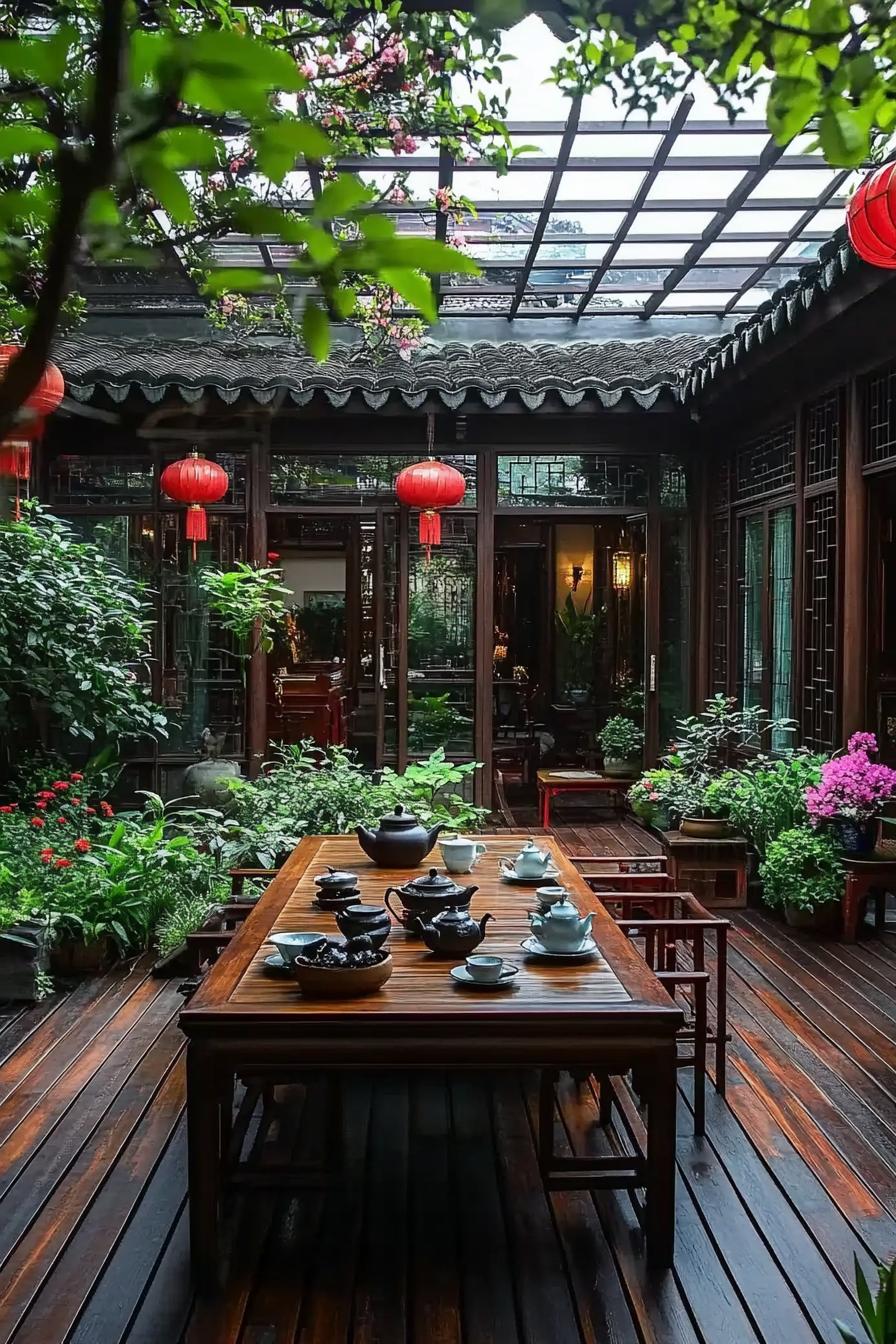 chinese house courtyard with large wooden table set with tea pots and tea cups hardwood deck there are plants and flowers roof with framed glass 3