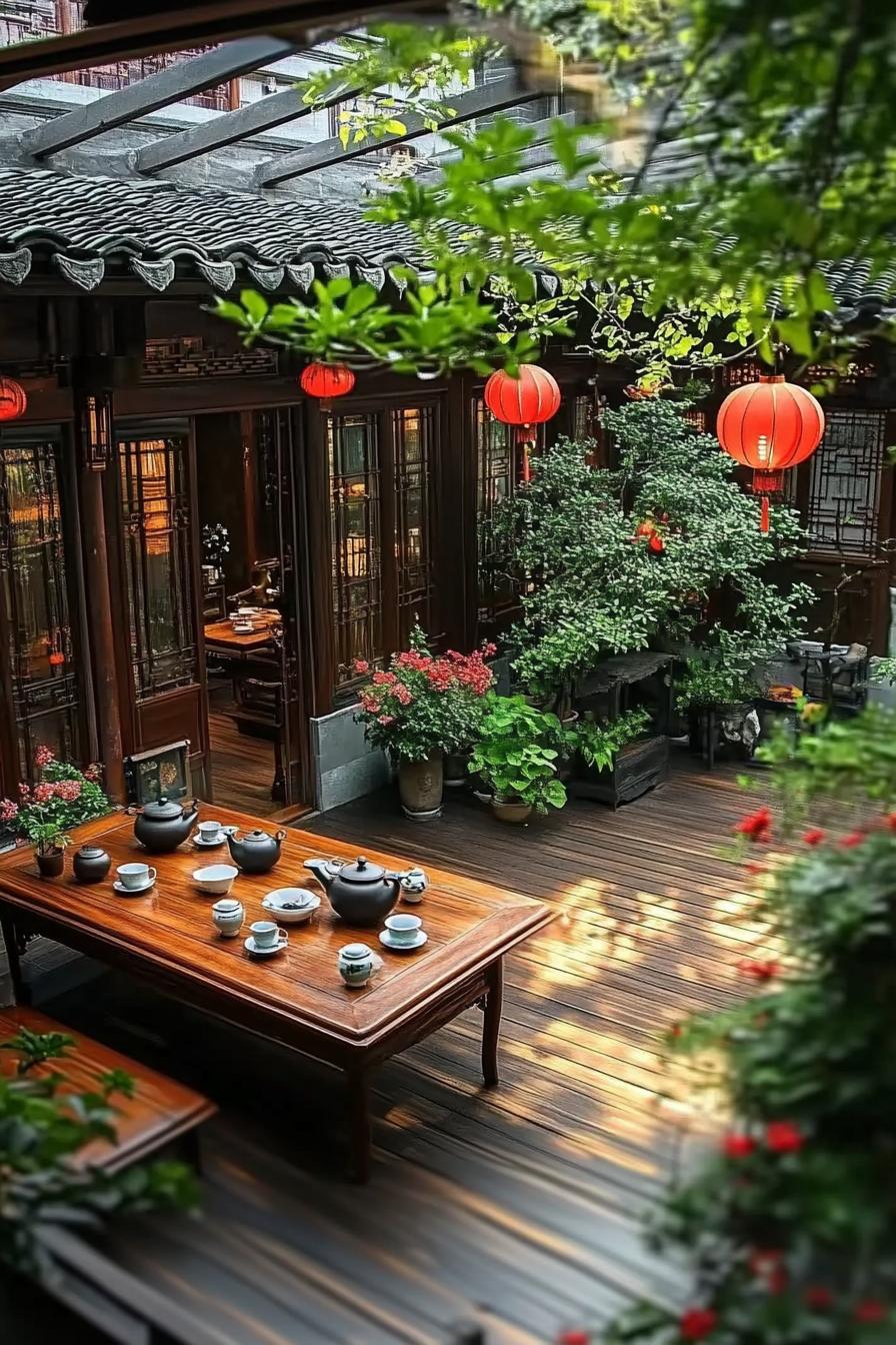 chinese house courtyard with large wooden table set with tea pots and tea cups hardwood deck there are plants and flowers roof with framed glass