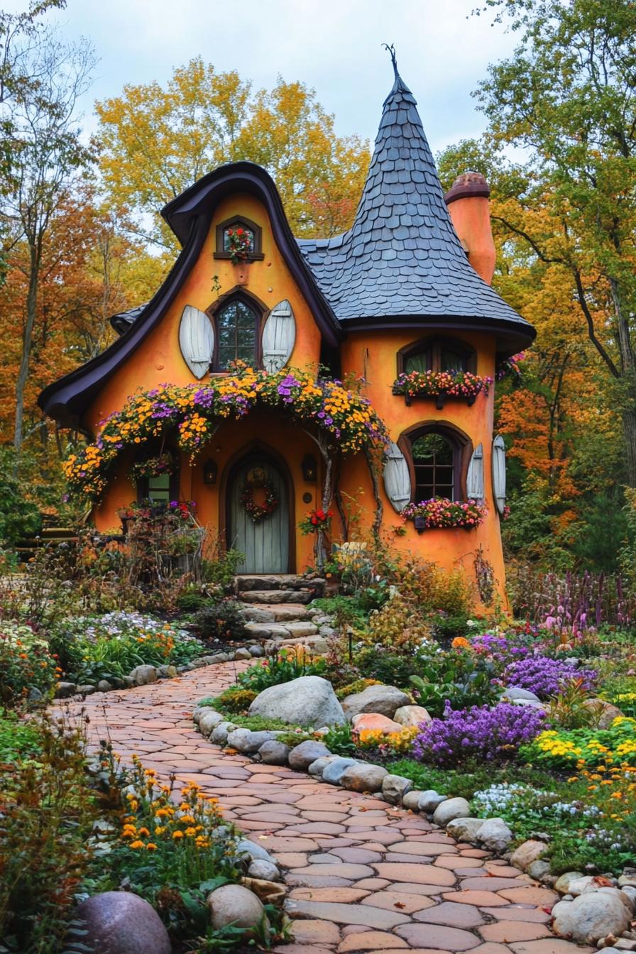 colorful fairytale house with turrets and curvy roof paint art facade climber flowers on the front front garden with rocks and flowers fall forest 1