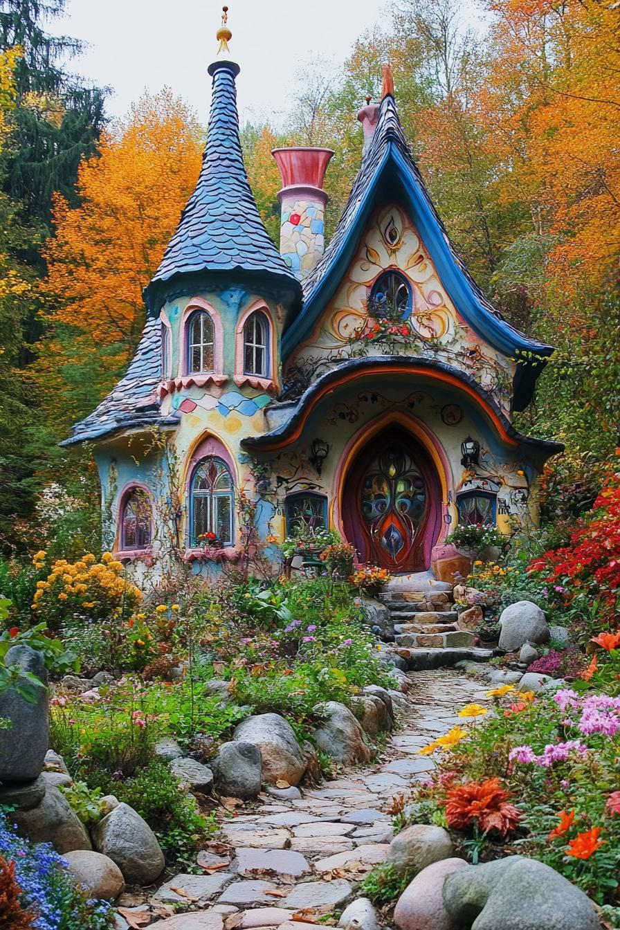 colorful fairytale house with turrets and curvy roof paint art facade climber flowers on the front front garden with rocks and flowers fall forest 2