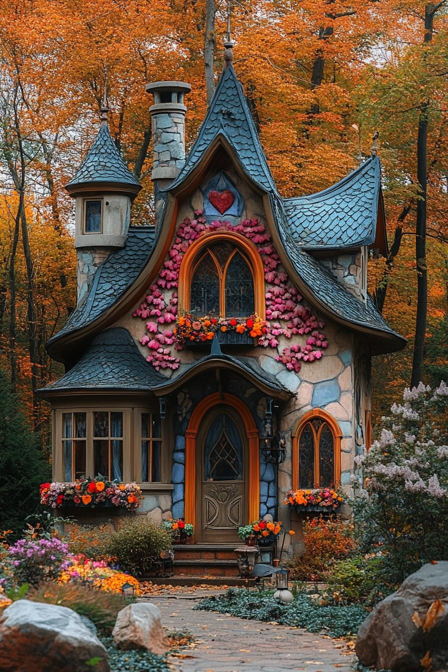 colorful fairytale house with turrets and curvy roof paint art facade climber flowers on the front front garden with rocks and flowers fall forest 3