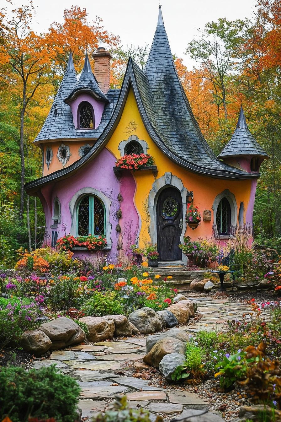 colorful fairytale house with turrets and curvy roof paint art facade climber flowers on the front front garden with rocks and flowers fall forest