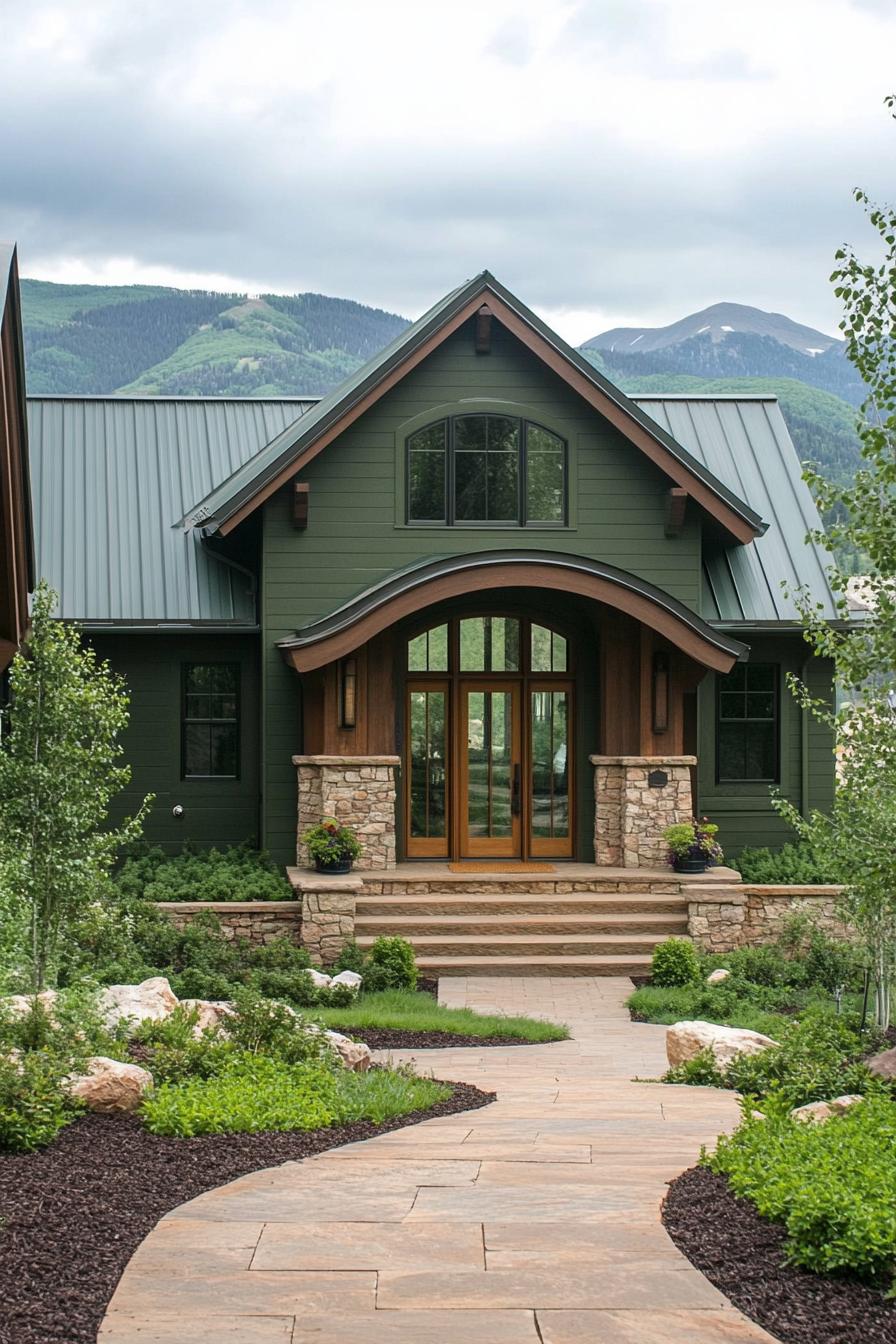 cottage style modern mountain house facade in olive green board and batten siding olive green roof natural wood front door with glass panels big 1