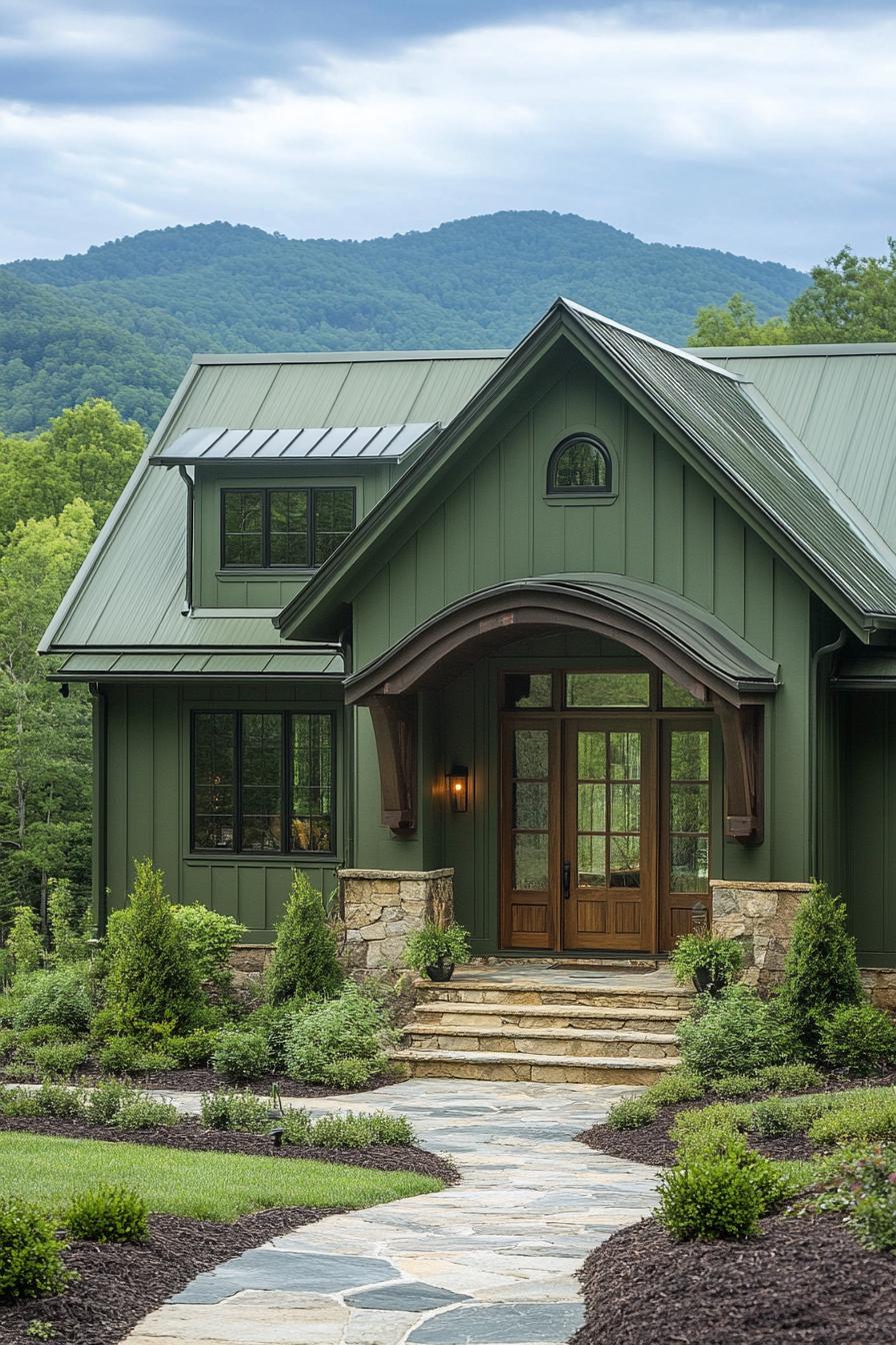 cottage style modern mountain house facade in olive green board and batten siding olive green roof natural wood front door with glass panels big 2