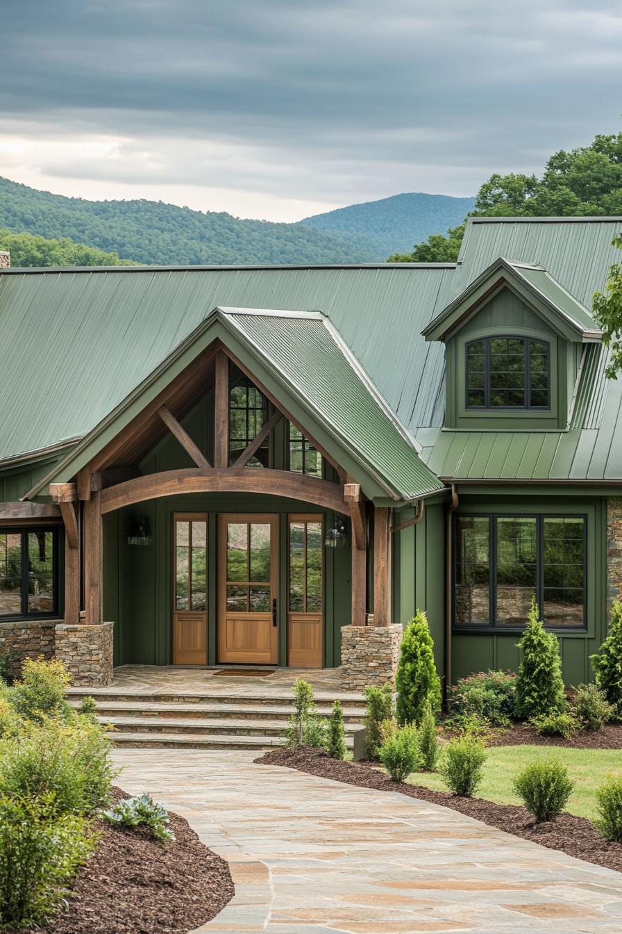 cottage style modern mountain house facade in olive green board and batten siding olive green roof natural wood front door with glass panels big 3