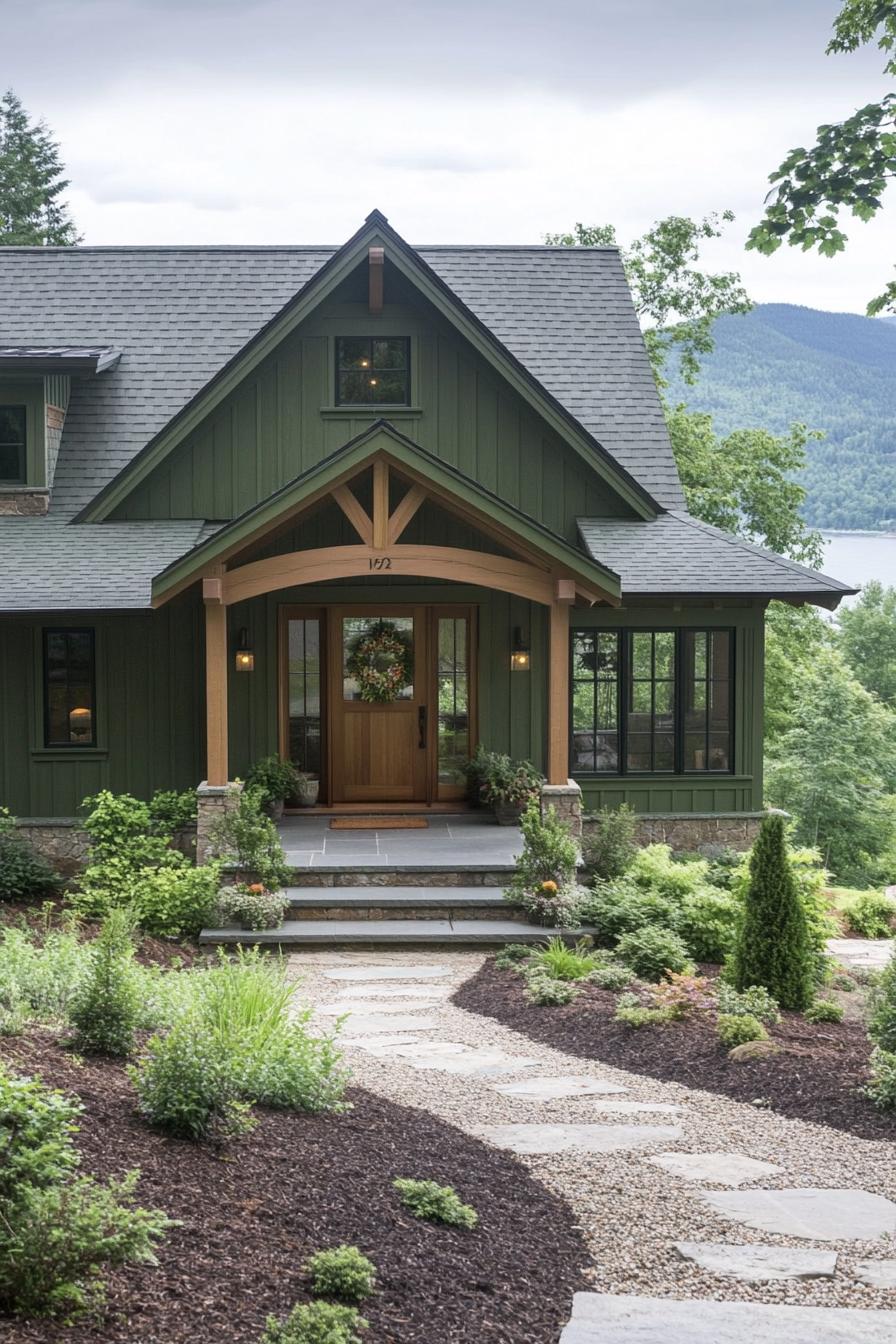 cottage style modern mountain house facade in olive green board and batten siding olive green roof natural wood front door with glass panels big