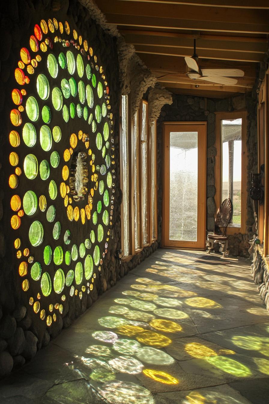 earthship house with recycled glass bottle wall 1