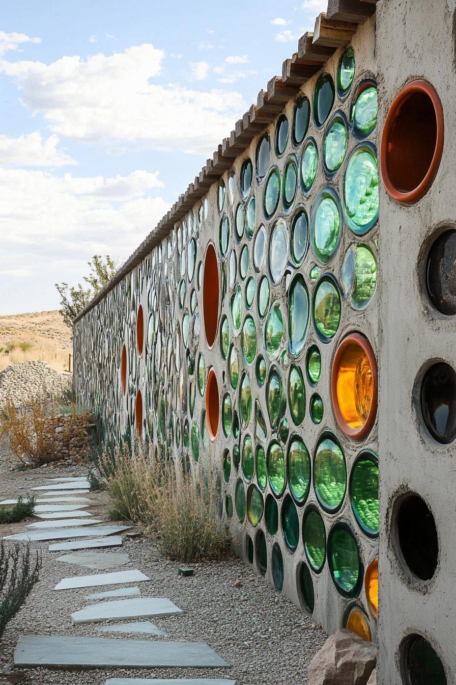 earthship house with recycled glass bottle wall 2