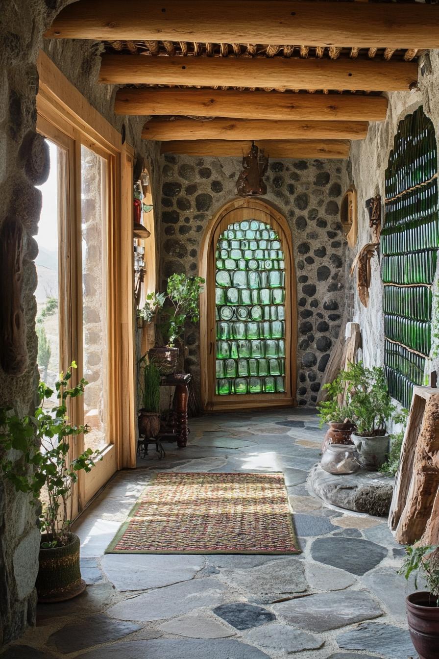 earthship house with recycled glass bottle wall 3