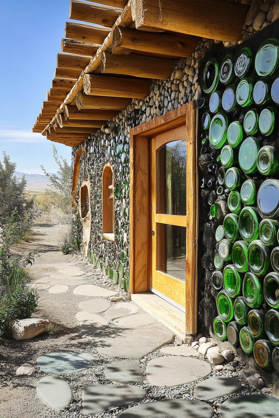 earthship house with recycled glass bottle wall