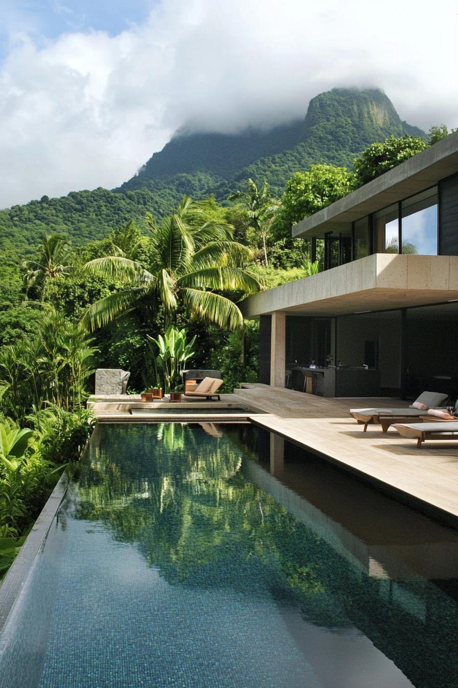 futurustic geometric dream house with large pool imposing tropical mountain in the background 1