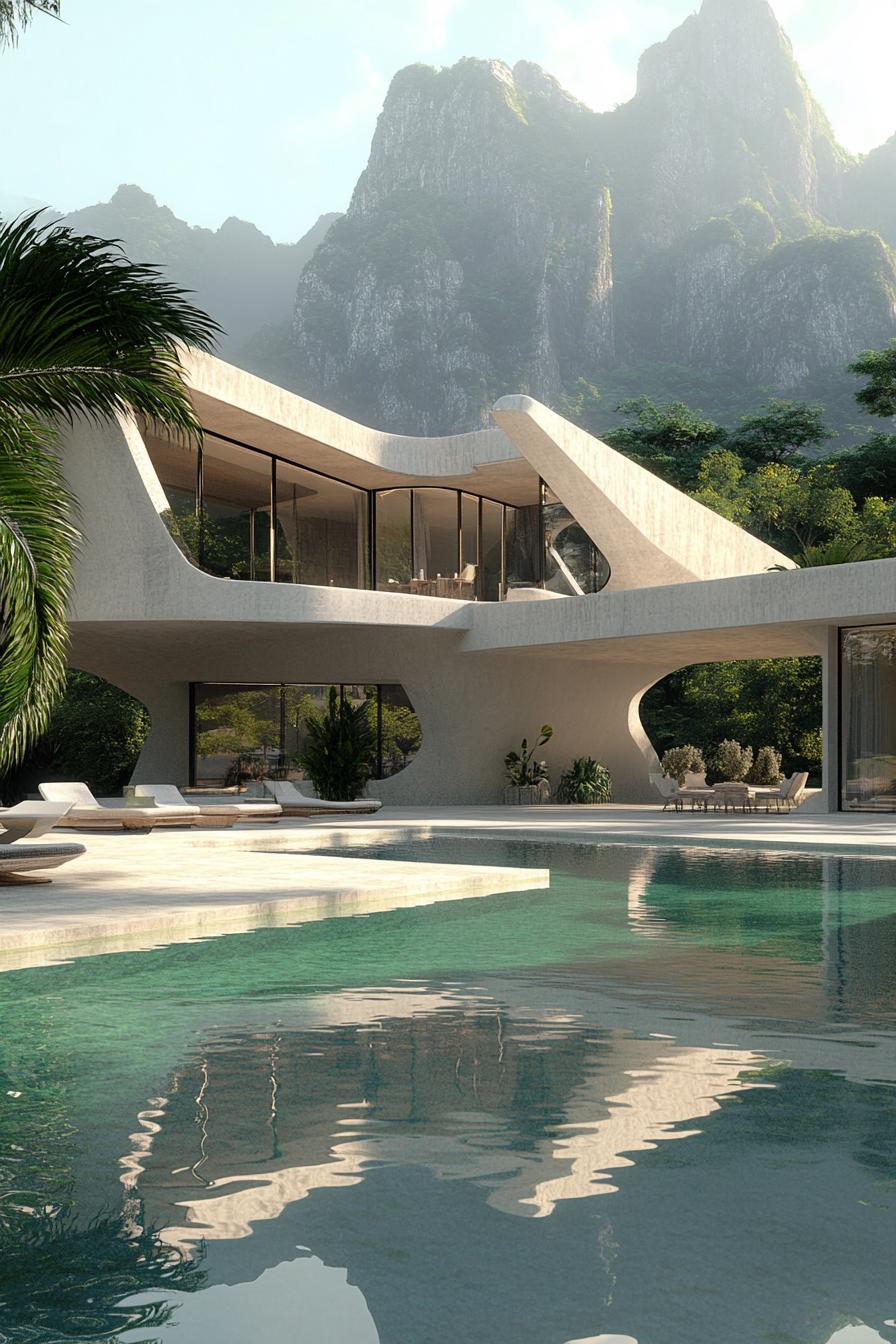 futurustic geometric dream house with large pool imposing tropical mountain in the background 2