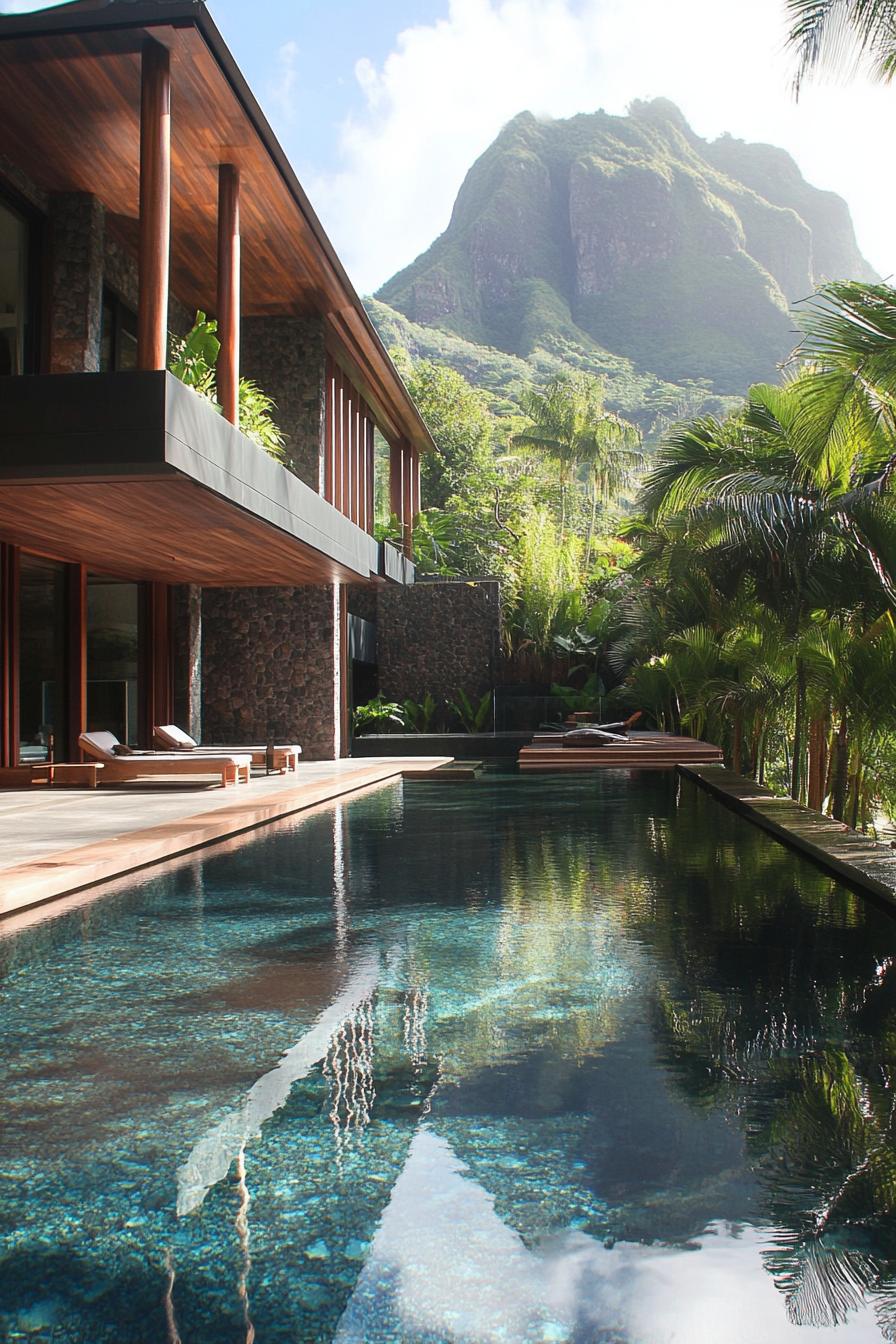 futurustic geometric dream house with large pool imposing tropical mountain in the background 3