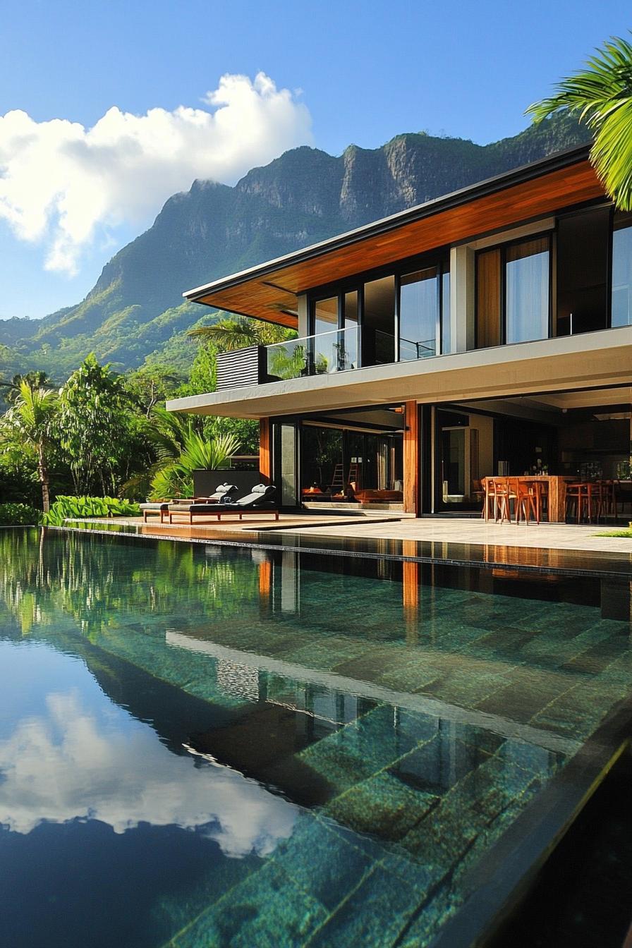 futurustic geometric dream house with large pool imposing tropical mountain in the background