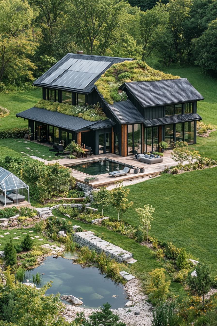 high angle view of a homestead with a modern barn house with a gabled green living roof and solar panels theres a lush garden with trees and a 1