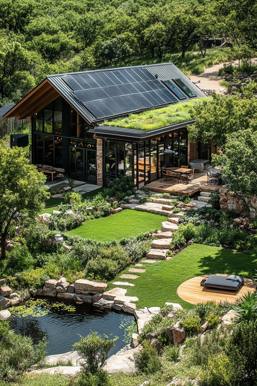 high angle view of a homestead with a modern barn house with a gabled green living roof and solar panels theres a lush garden with trees and a