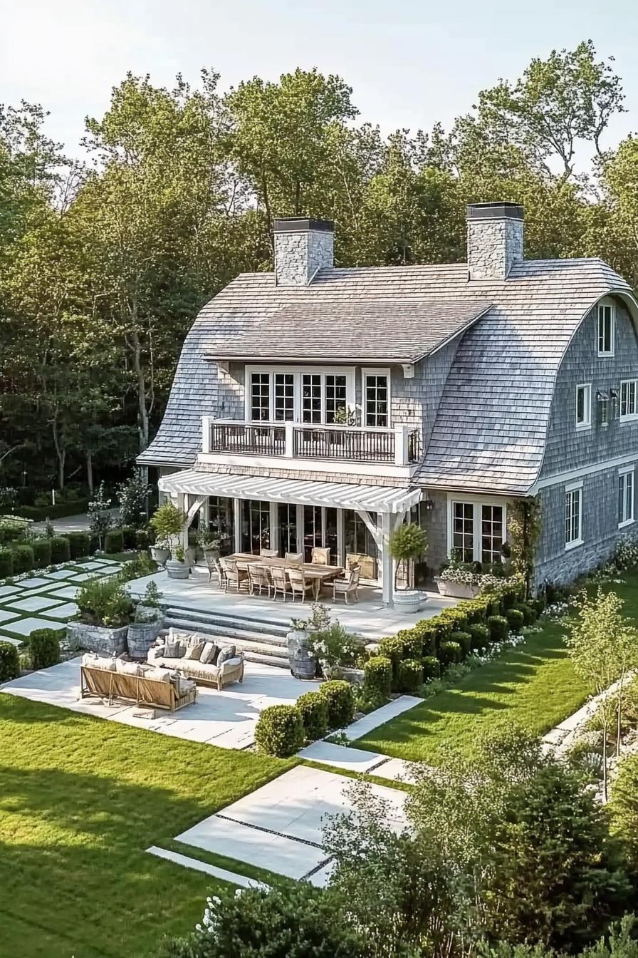 high angle view of a large barn style house with pale grey clapboard facade light grey multi pitch barn gambrel roof with chimney second floor 1