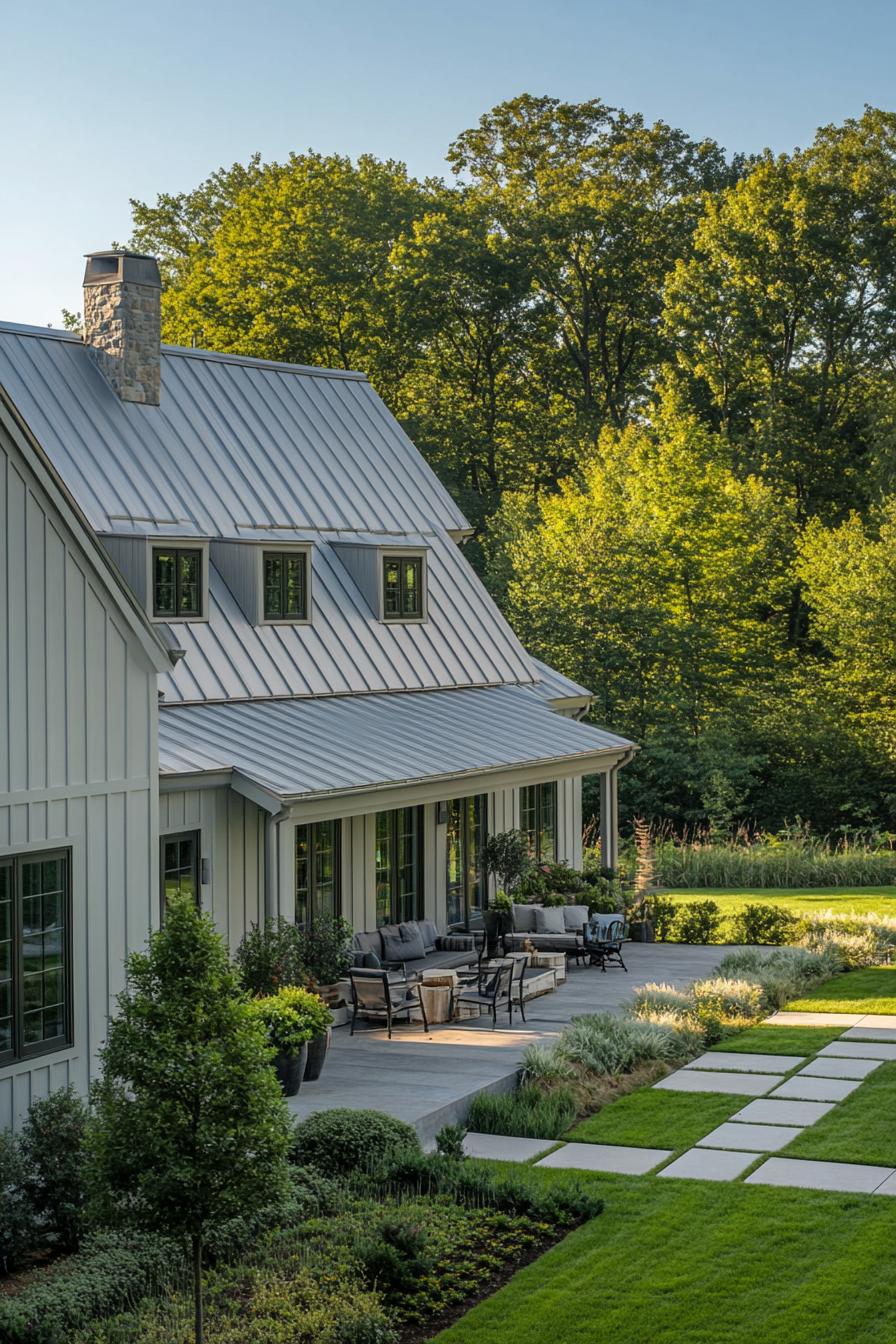 high angle view of a large barn style house with pale grey clapboard facade light grey multi pitch barn gambrel roof with chimney second floor