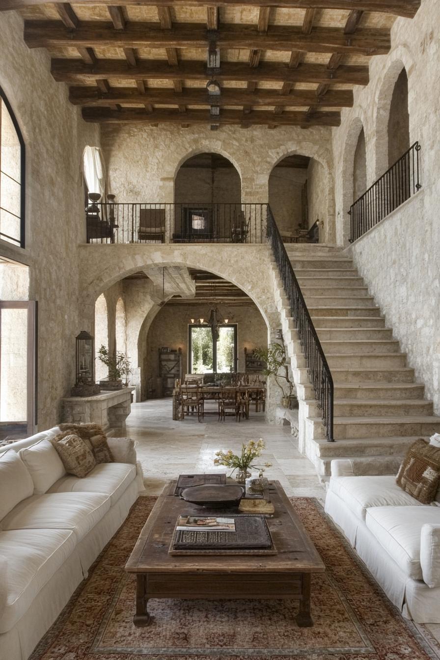 interior of italian villa stone walls arched windows arches stairs wooden beam high ceiling creamy bulky sectional furniture rustic coffee 1