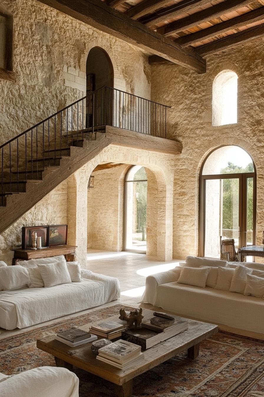 interior of italian villa stone walls arched windows arches stairs wooden beam high ceiling creamy bulky sectional furniture rustic coffee