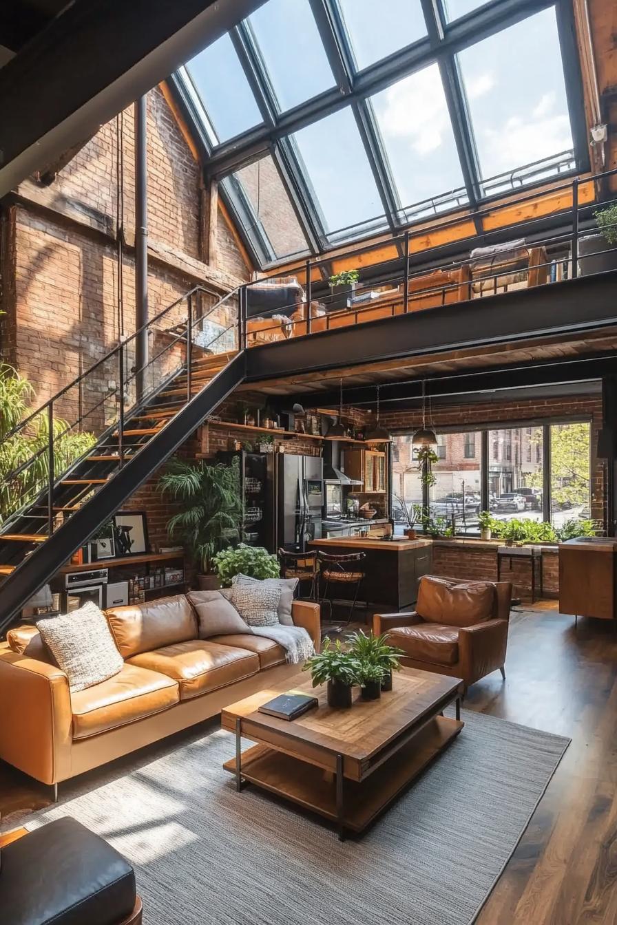 lofted apartment with skylight windows in black trim brick walls vaulted ceiling stairs leading to the loft with potted houseplants fern plants 1