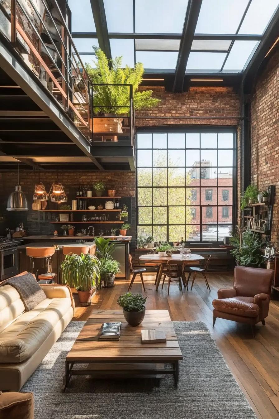 lofted apartment with skylight windows in black trim brick walls vaulted ceiling stairs leading to the loft with potted houseplants fern plants 2