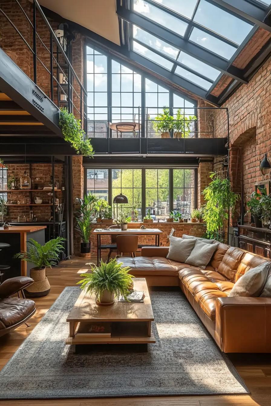 lofted apartment with skylight windows in black trim brick walls vaulted ceiling stairs leading to the loft with potted houseplants fern plants 3