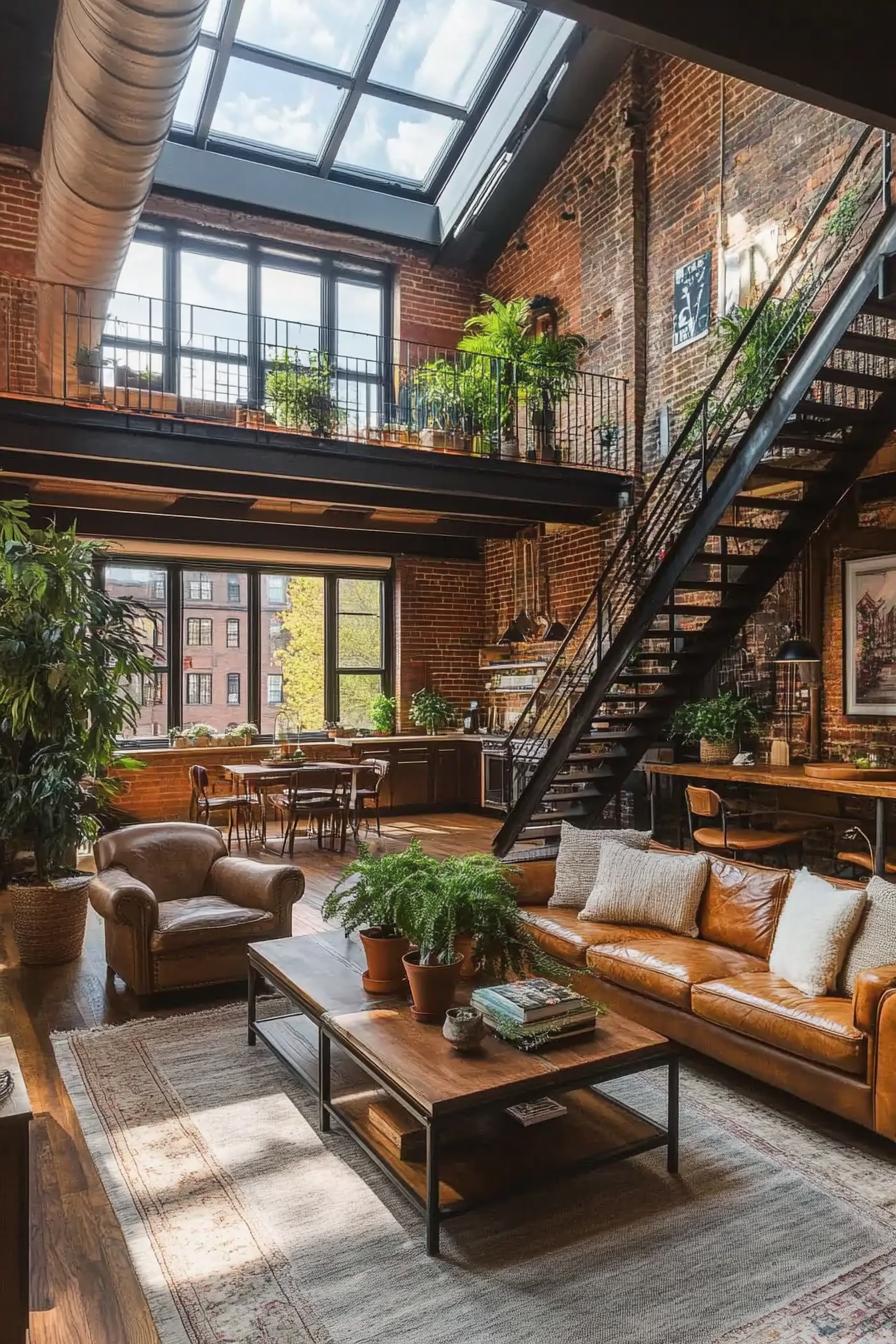 lofted apartment with skylight windows in black trim brick walls vaulted ceiling stairs leading to the loft with potted houseplants fern plants