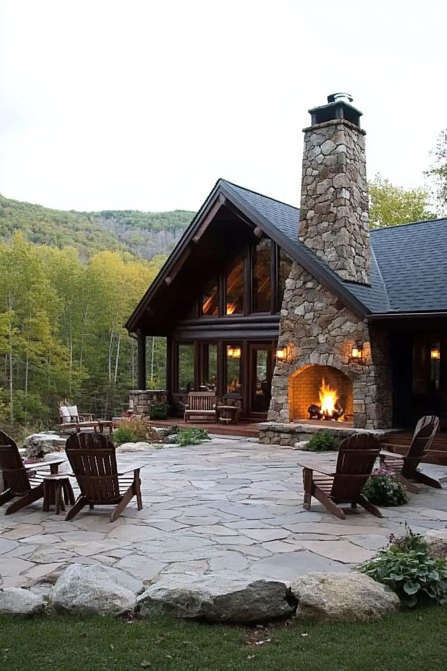 log cabin with outdoor fireplace stone paved patio with adirondack chairs imposting mountain in the background 1