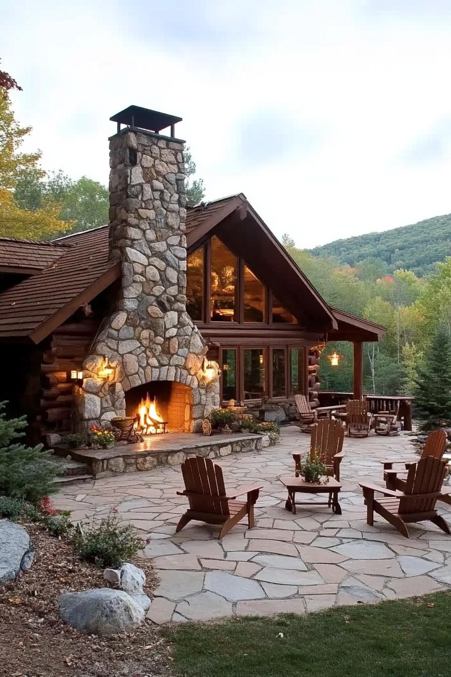 log cabin with outdoor fireplace stone paved patio with adirondack chairs imposting mountain in the background 2