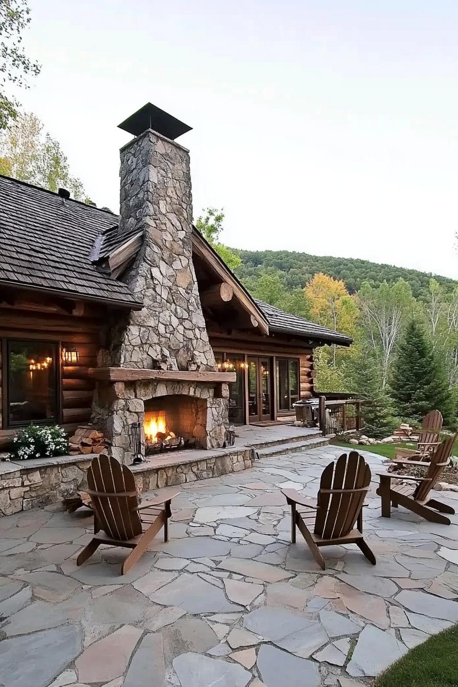 log cabin with outdoor fireplace stone paved patio with adirondack chairs imposting mountain in the background 3