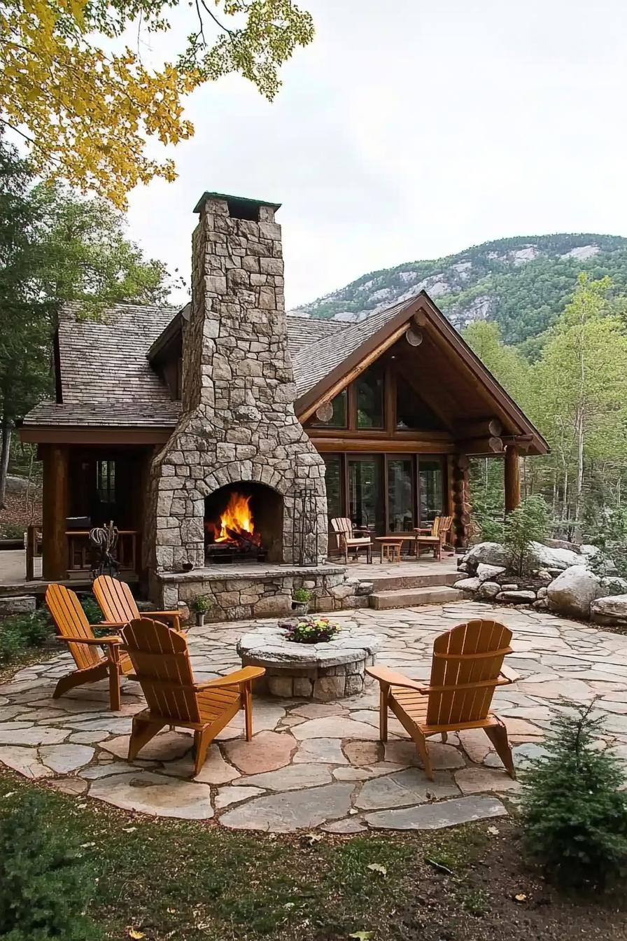 log cabin with outdoor fireplace stone paved patio with adirondack chairs imposting mountain in the background