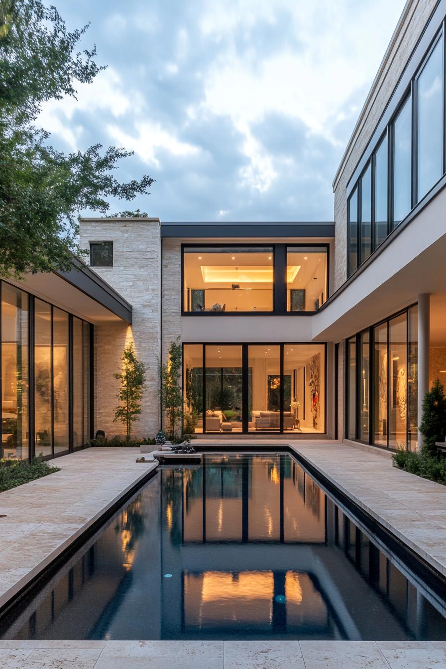 luxury modern house courtyard with outdoor pool connected inside with large glass doors 1