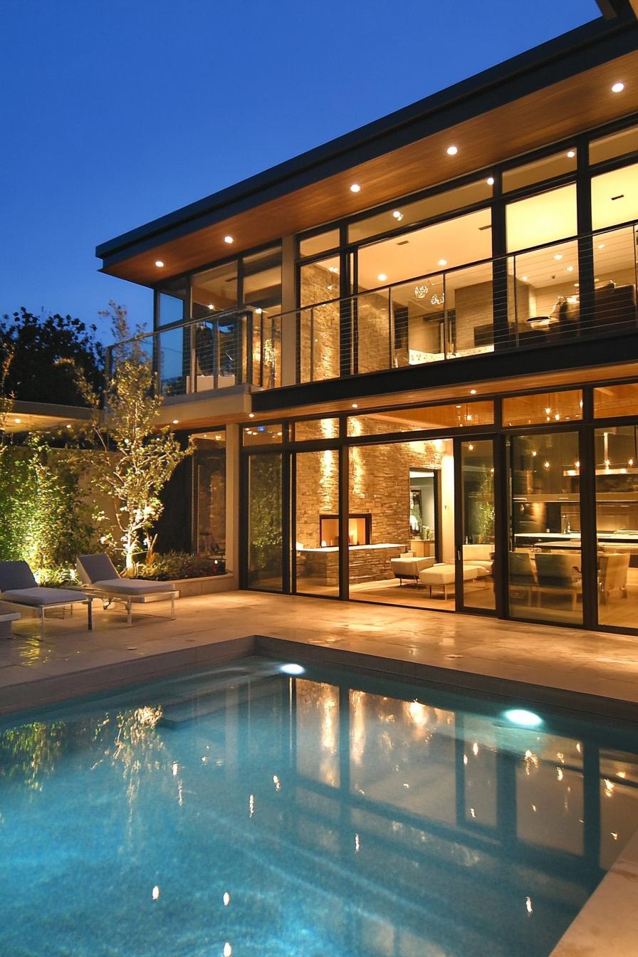 luxury modern house courtyard with outdoor pool connected inside with large glass doors 2