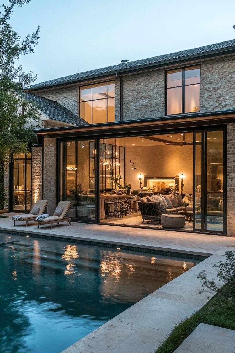 luxury modern house courtyard with outdoor pool connected inside with large glass doors