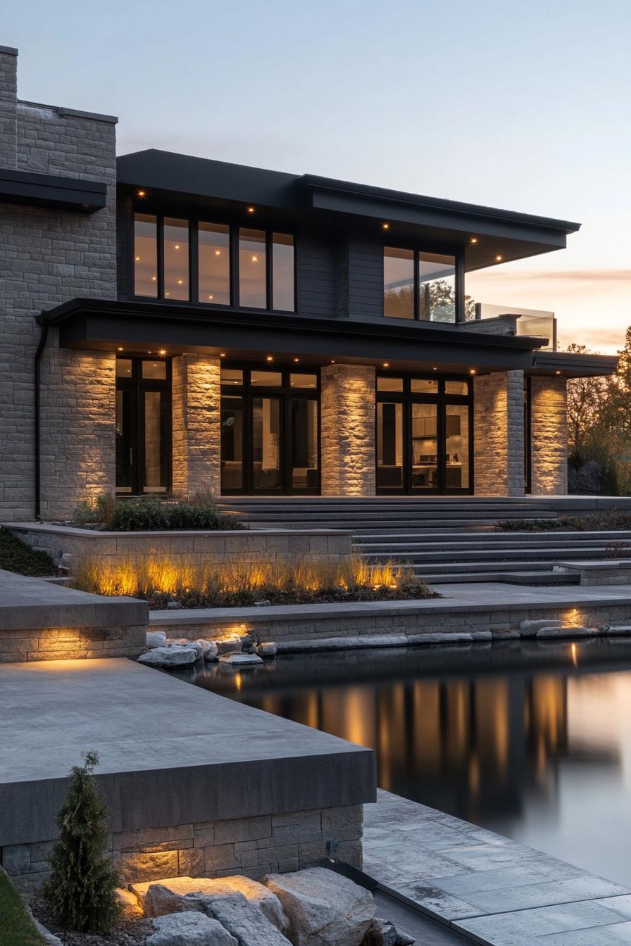 luxury modern house in stone siding flat black roof LED lighting large front deck in concrete epoxy landscape with concrete plant beds sunset by 1